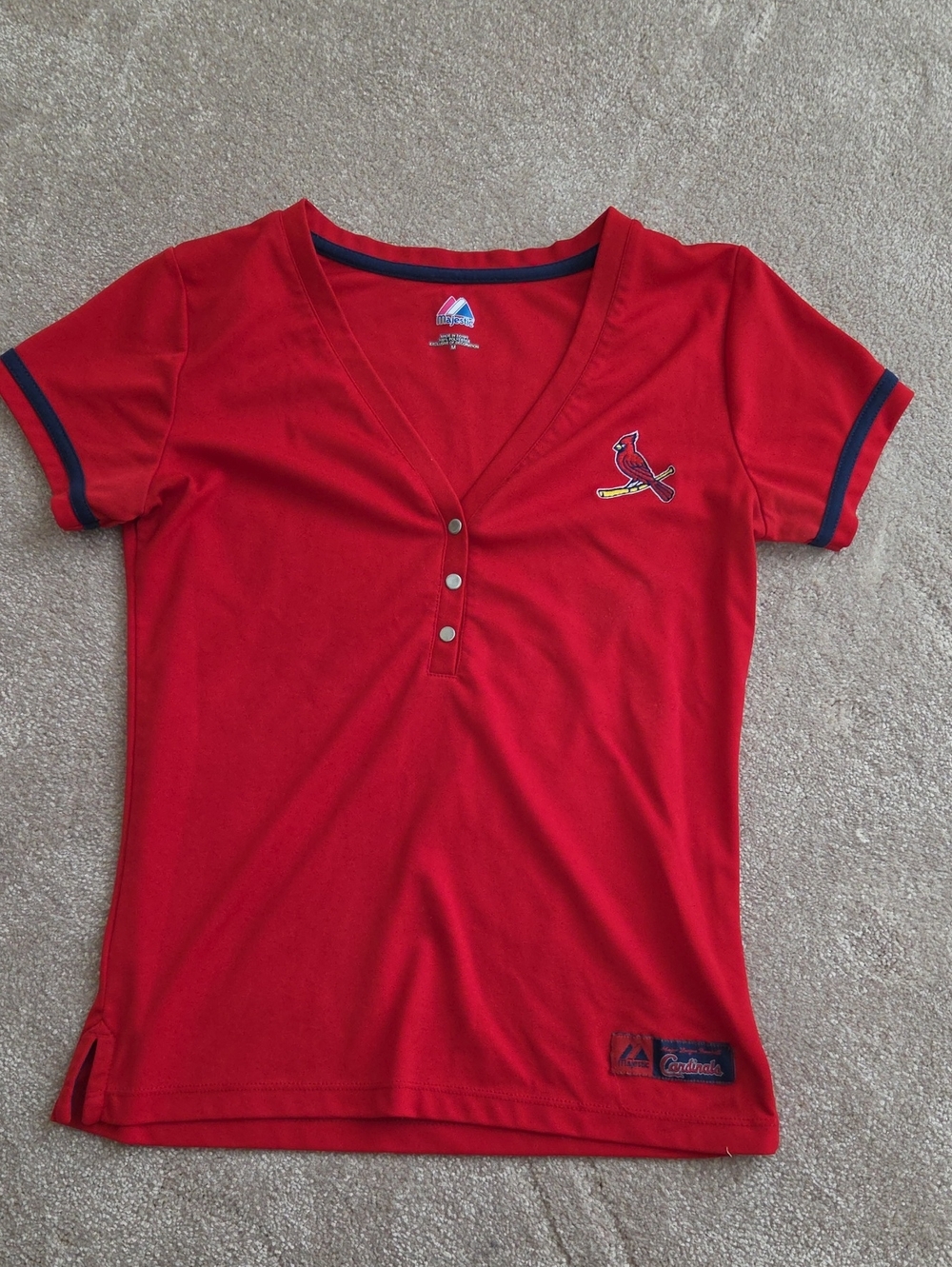 Majestic Red St. Louis Cardinals V-Neck Henley Top with Navy Trim
